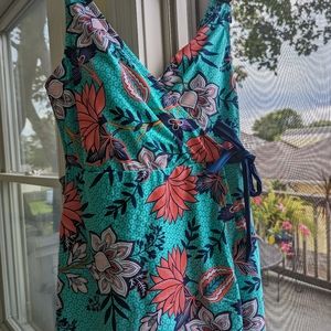 Caribbean Joe women's large tropical tie cross front swim dress one piece